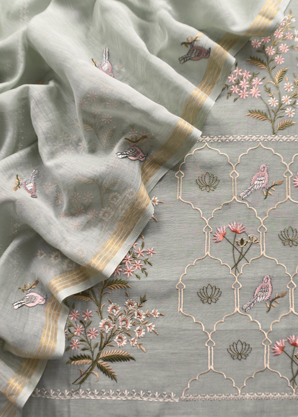 Pure Mulmul Unstitched Suit Fabric With Rajput Jaipuri Resham Embroidery