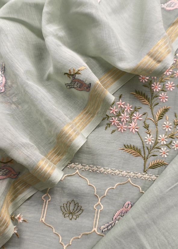 Pure Mulmul Unstitched Suit Fabric With Rajput Jaipuri Resham Embroidery