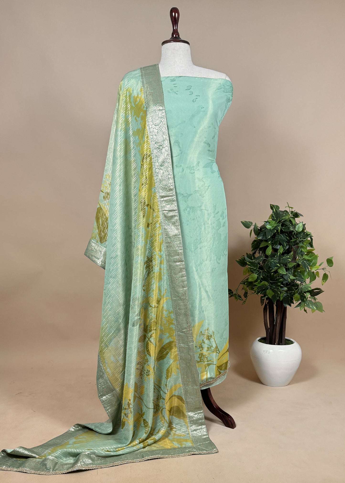 Green Pure Crushed Tissue-Silk Abstract Print Unstitched Dupatta-suit