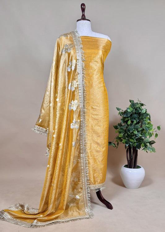 Yellow Tissue Silk Suit Embraced With gold weaving