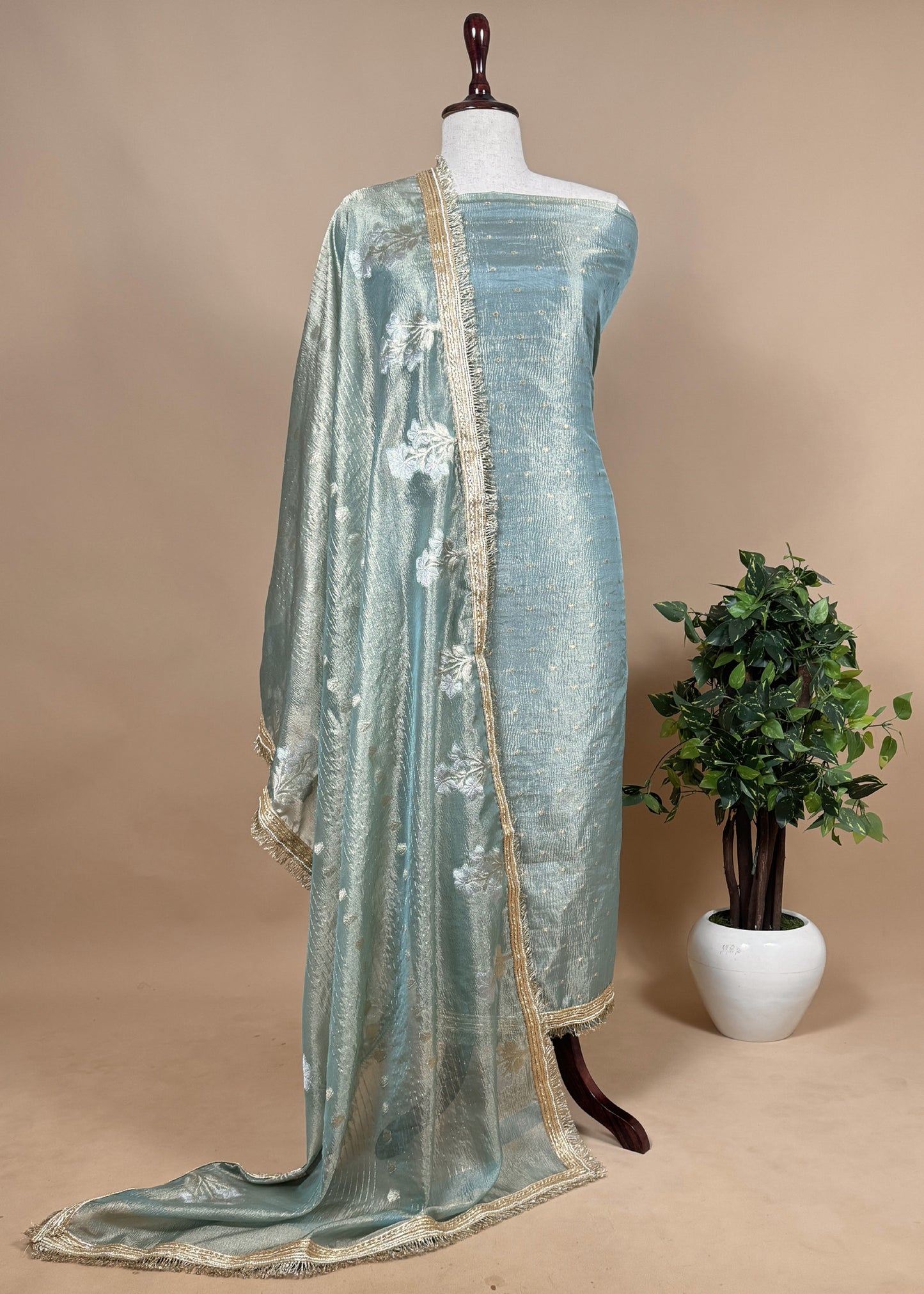 Tissue Silk Suit Embraced With Gold Weaving