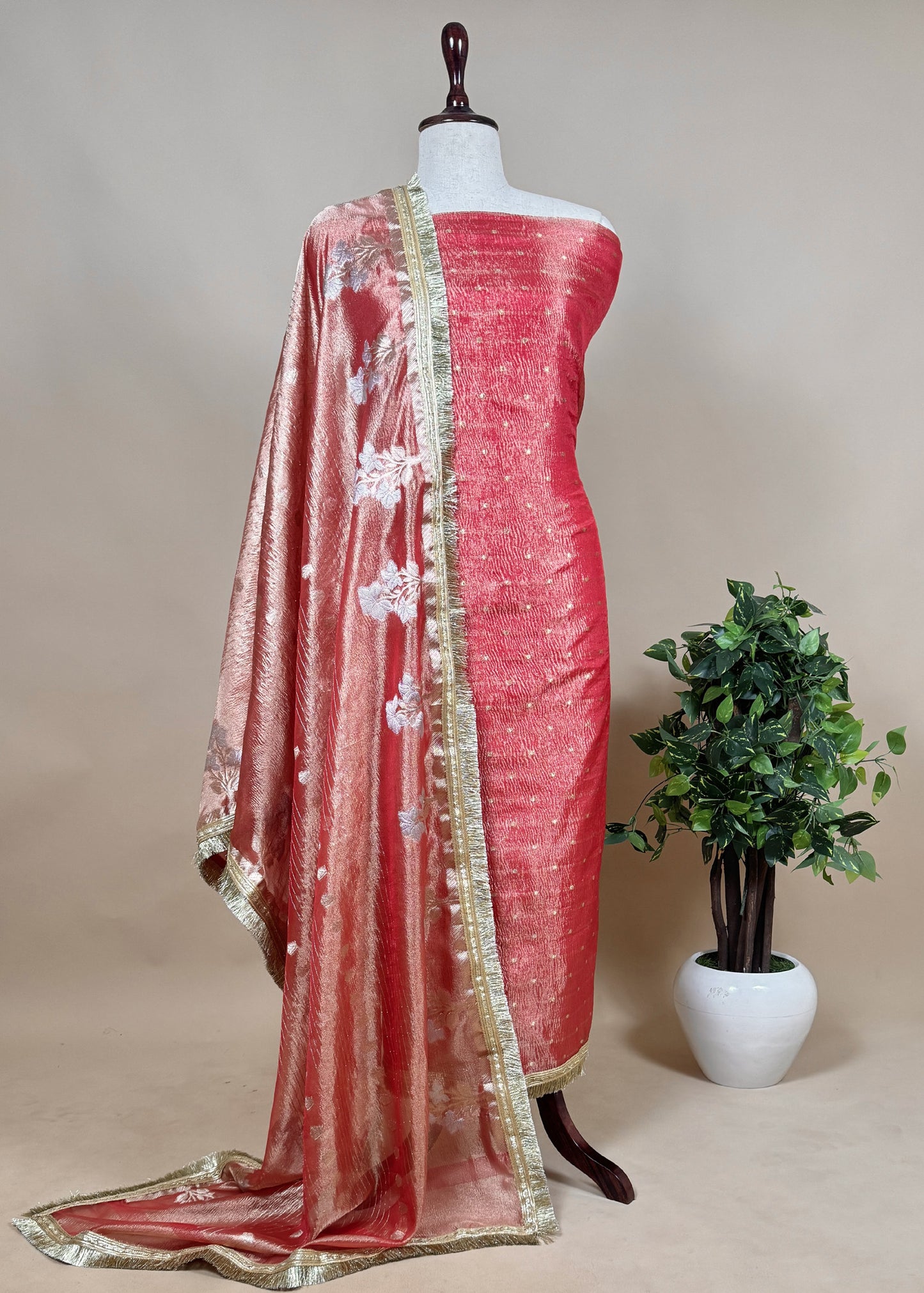 Rose Pink Tissue Silk Suit Embraced With Gold Weaving