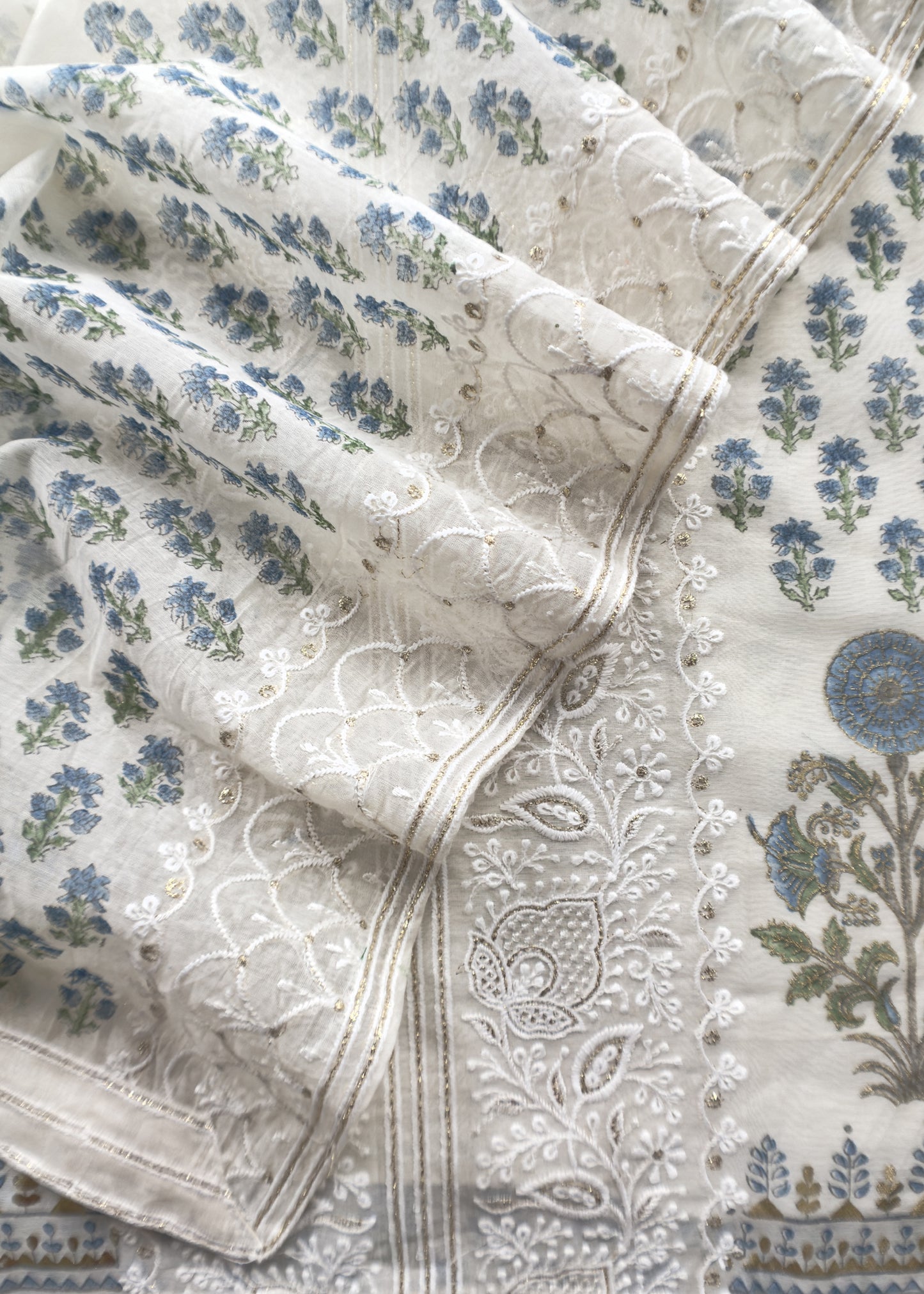 Blue Pure Mul Cotton Hand-block Print Suit With Gold And Resham Embroidery