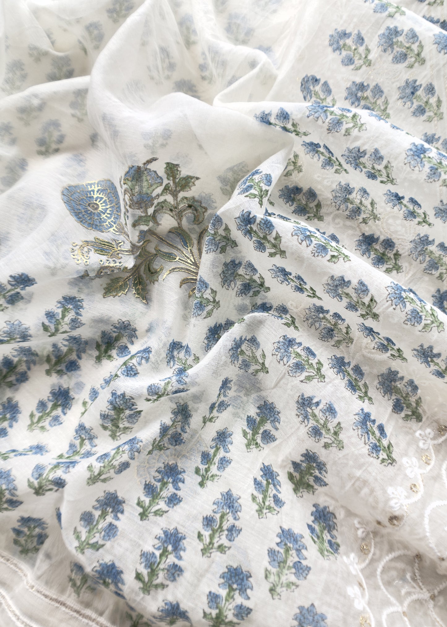 Blue Pure Mul Cotton Hand-block Print Suit With Gold And Resham Embroidery