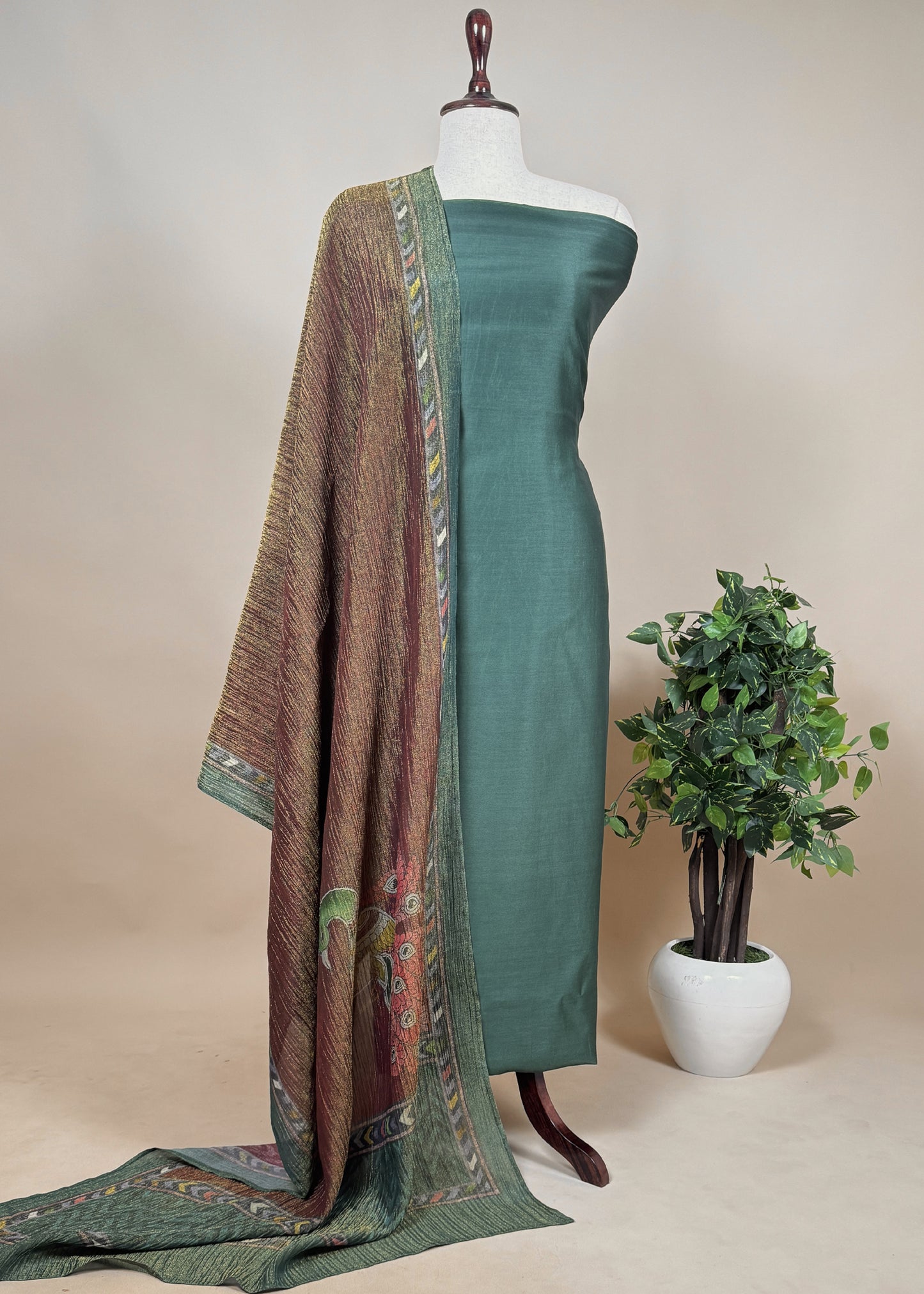 Maroon Chanderi Suit Set With Kalamkari Crush Tissue Dupatta