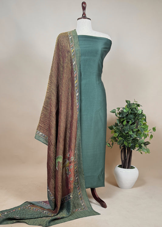 Green Chanderi Suit Set With Kalamkari Crush Tissue Dupatta