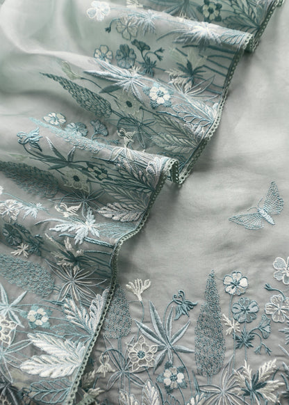 Iceberg Blue Pure Kora Silk Suit With Parsi Embroidery