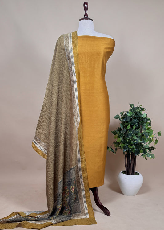 Mustard Yellown Chanderi Suit Set With Kalamkari Crush Tissue Dupatta