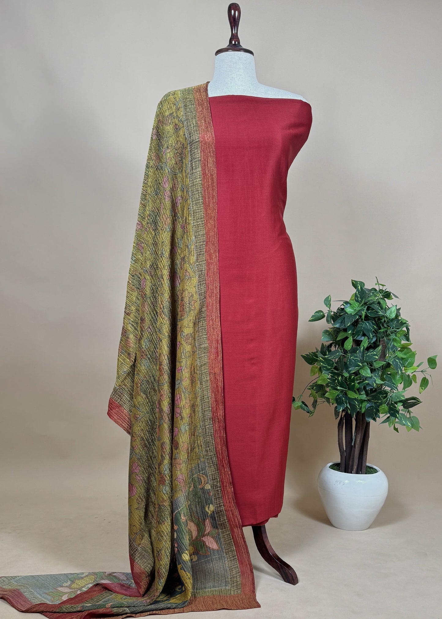 Brown Chanderi Suit Set With Kalamkari Crush Tissue Dupatta