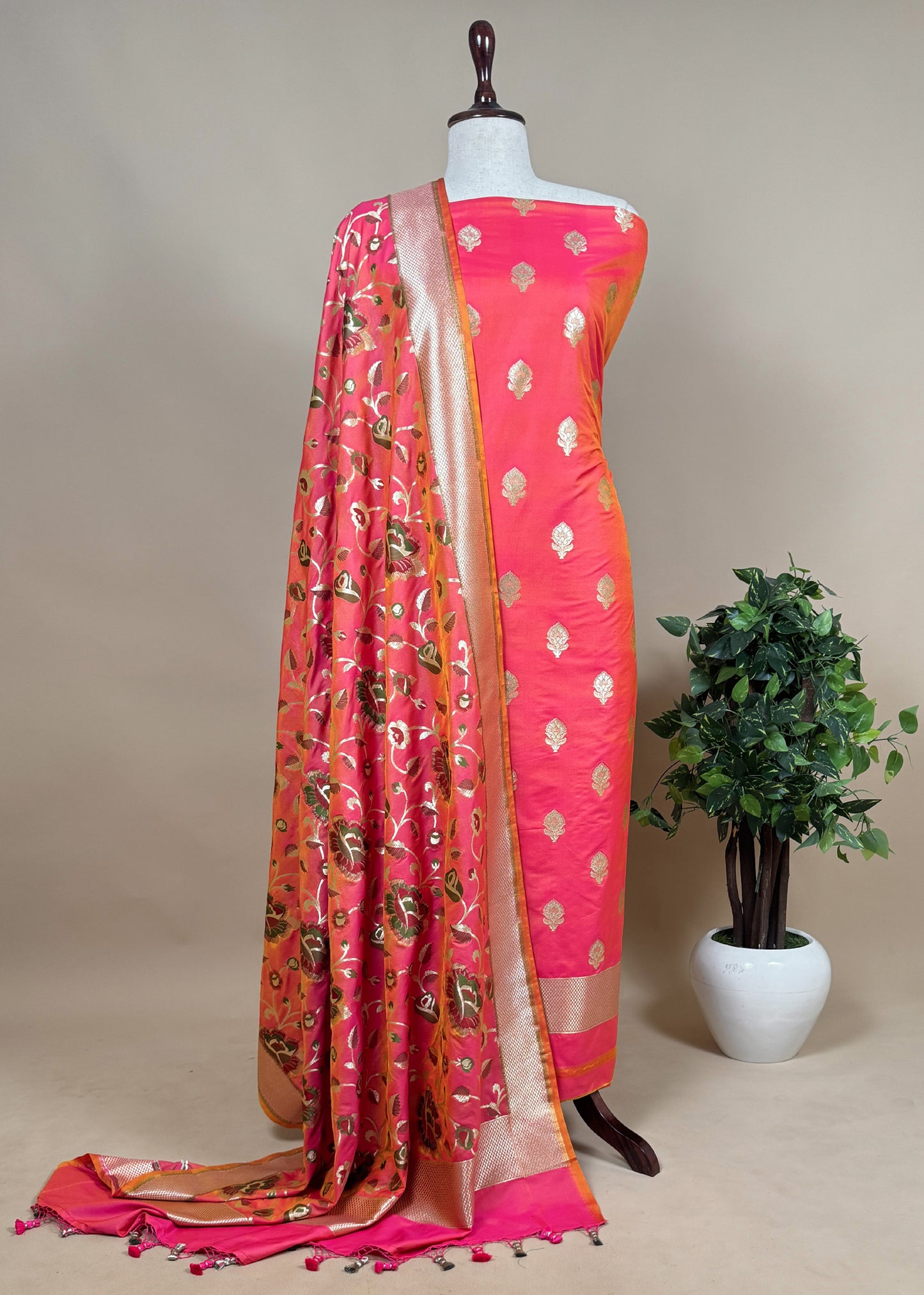 Blue Handloom Phool-Patti Weaving Suit In Katan Silk