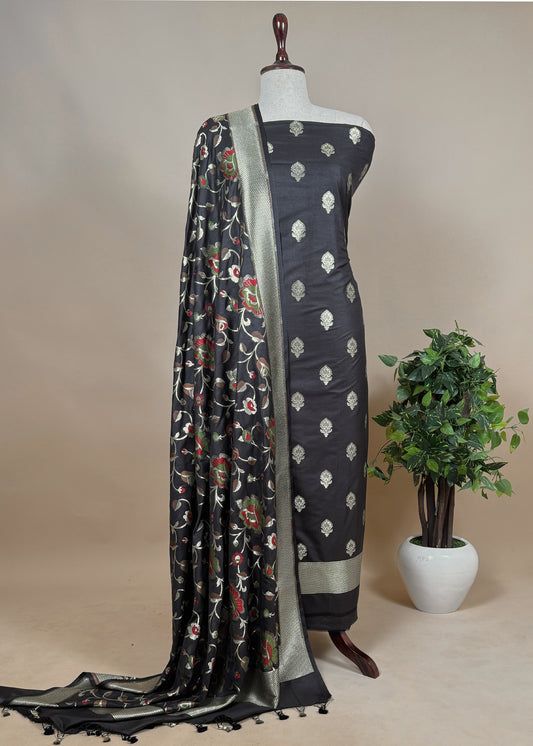 Black Handloom Phool-Patti Weaving Suit In Katan Silk