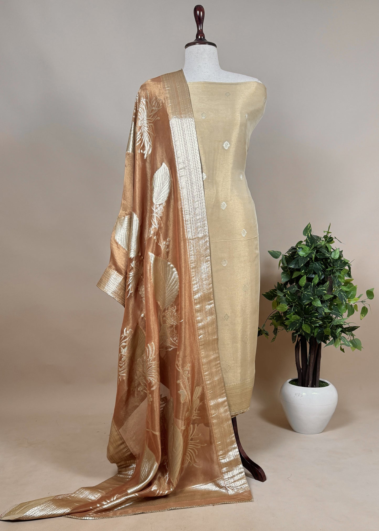 Green Tissue Silk Unstitched Suit With Golden Yellow Dupatta