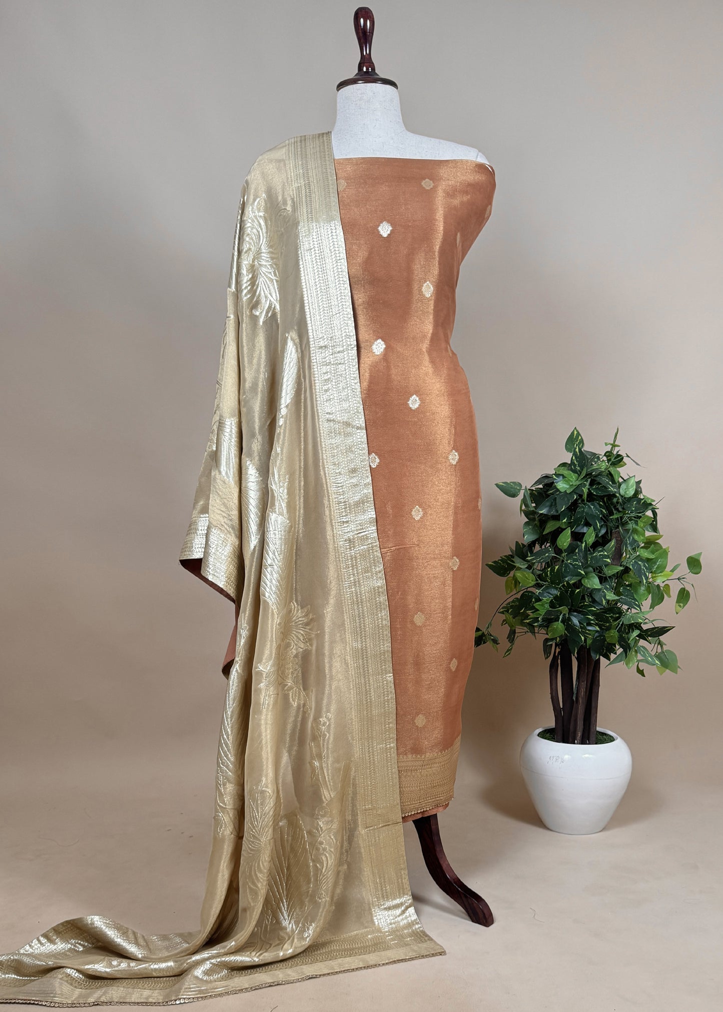 Chikoo Tissue Silk Unstitched Suit With Orange Dupatta