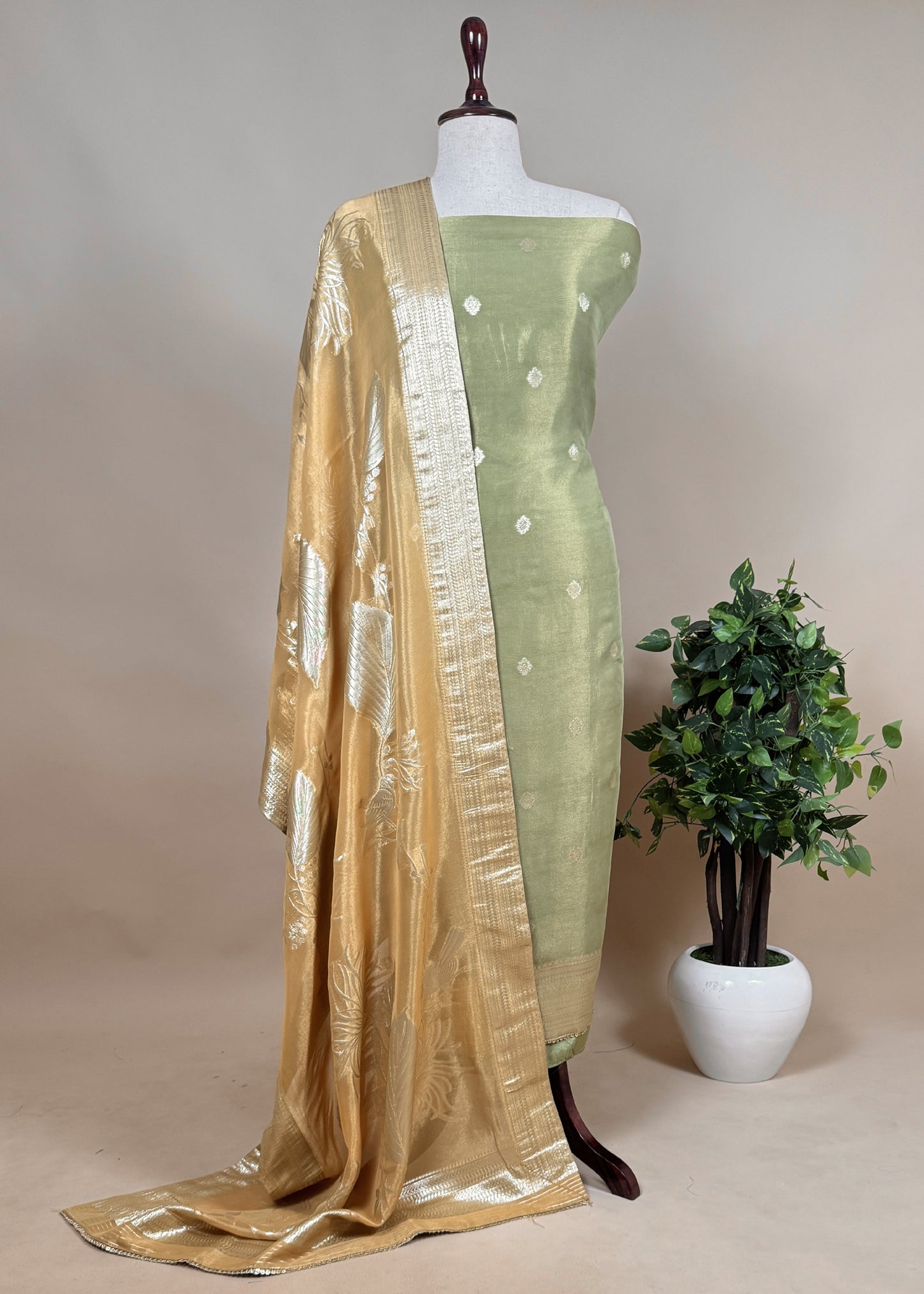 Green Tissue Silk Unstitched Suit With Golden Yellow Dupatta