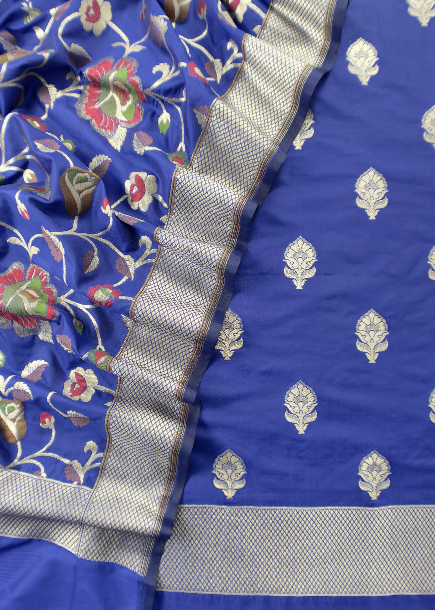 Blue Handloom Phool-Patti Weaving Suit In Katan Silk