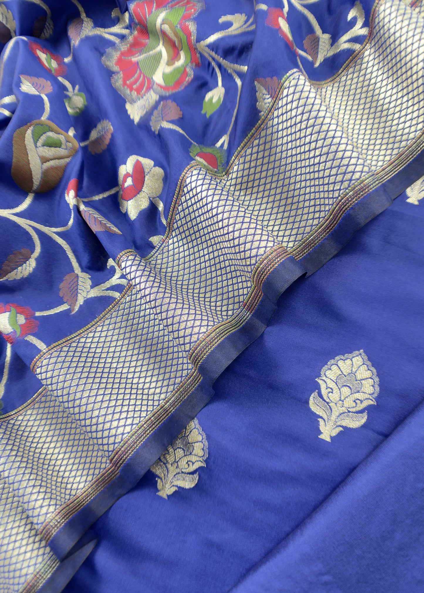 Blue Handloom Phool-Patti Weaving Suit In Katan Silk