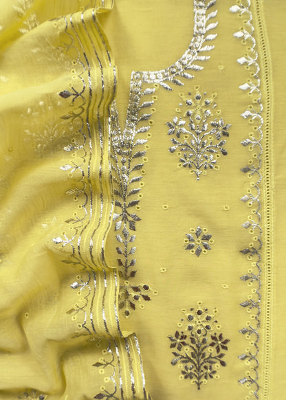 Sunshine Yellow Handloom Mul Chanderi Suit With Gold Pitta Hand Work And Embroidery