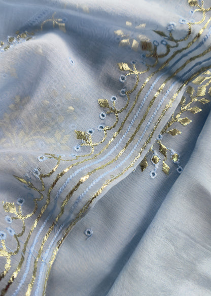 Powder Blue Handloom Mul Chanderi Suit With Gold Pitta Hand Work And Embroidery