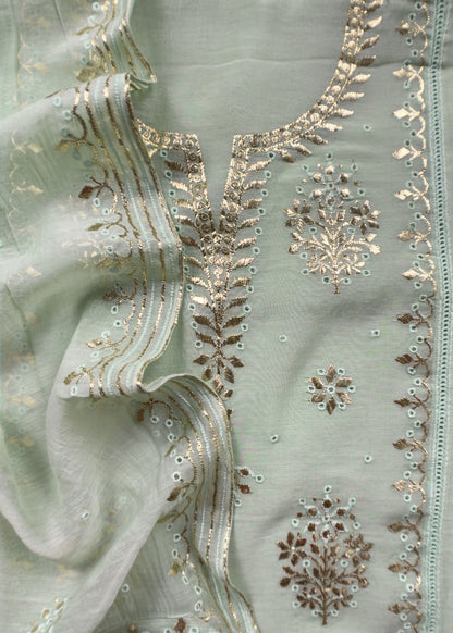 Pastel Green Handloom Mul Chanderi Suit With Gold Pitta Hand Work And Embroidery