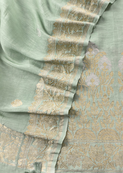 Green Handloom Blue Linen Silk With Kadwa Weaves
