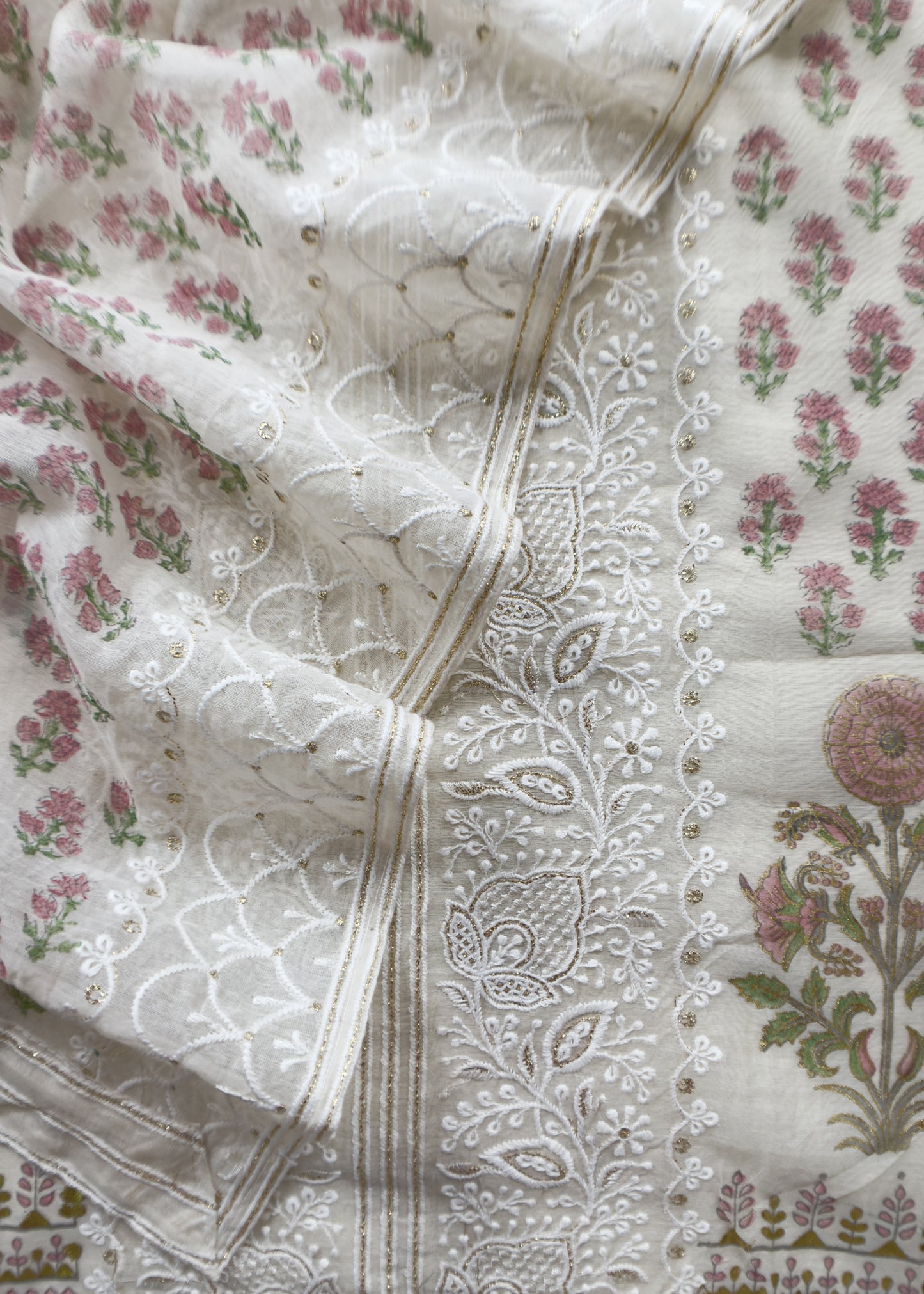 Pink Pure Mul Cotton Hand-block Print Suit With Gold And Resham Embroidery