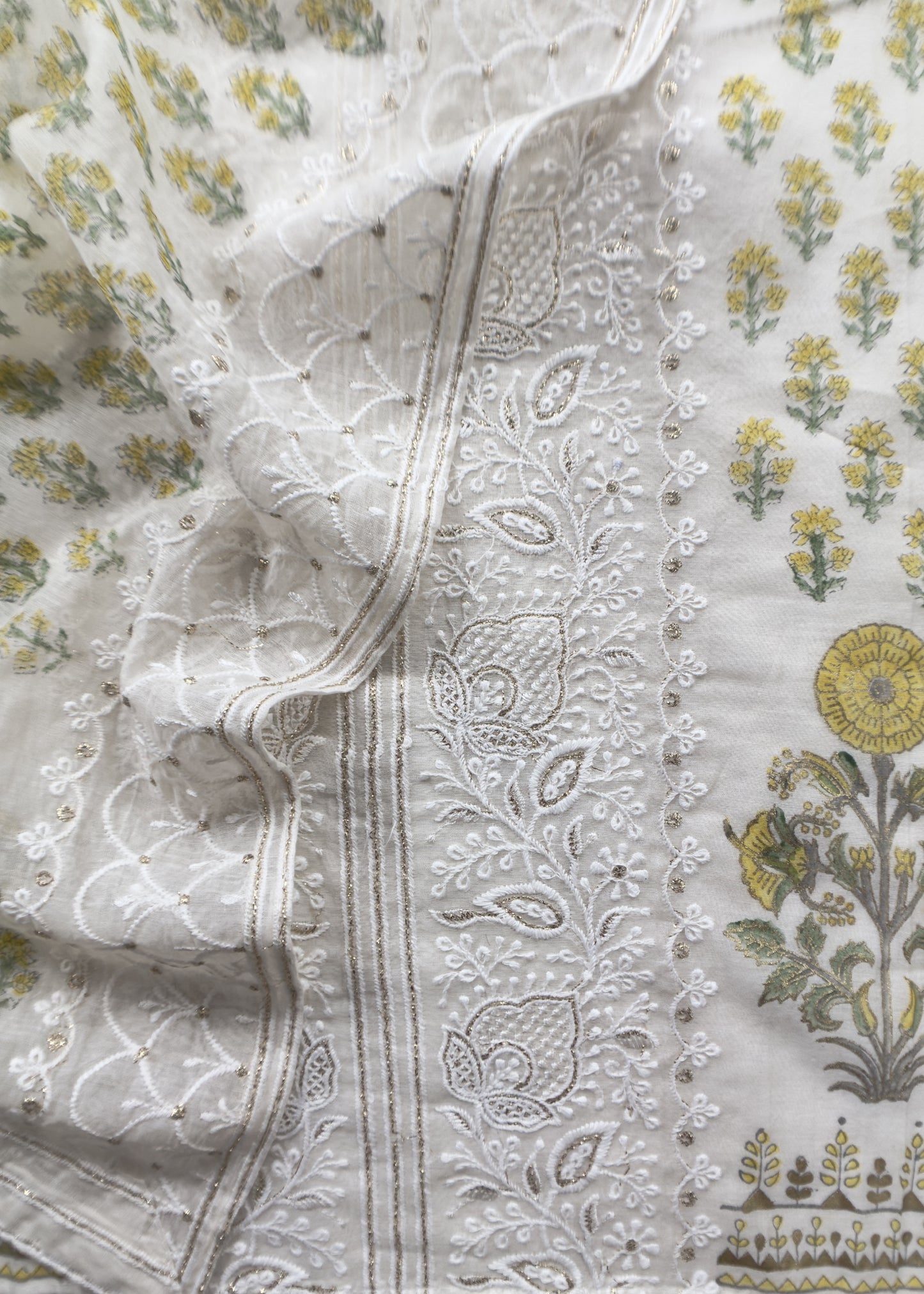 Yellow Pure Mul Cotton Hand-block Print Suit With Gold And Resham Embroidery