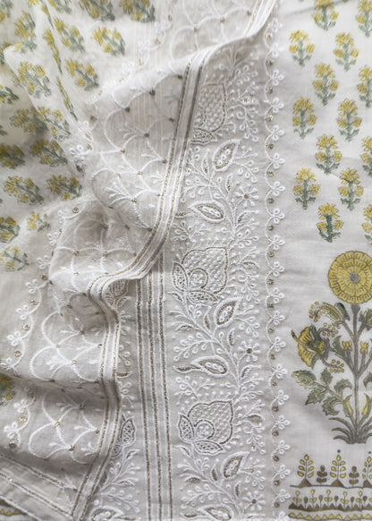 Yellow Pure Mul Cotton Hand-block Print Suit With Gold And Resham Embroidery