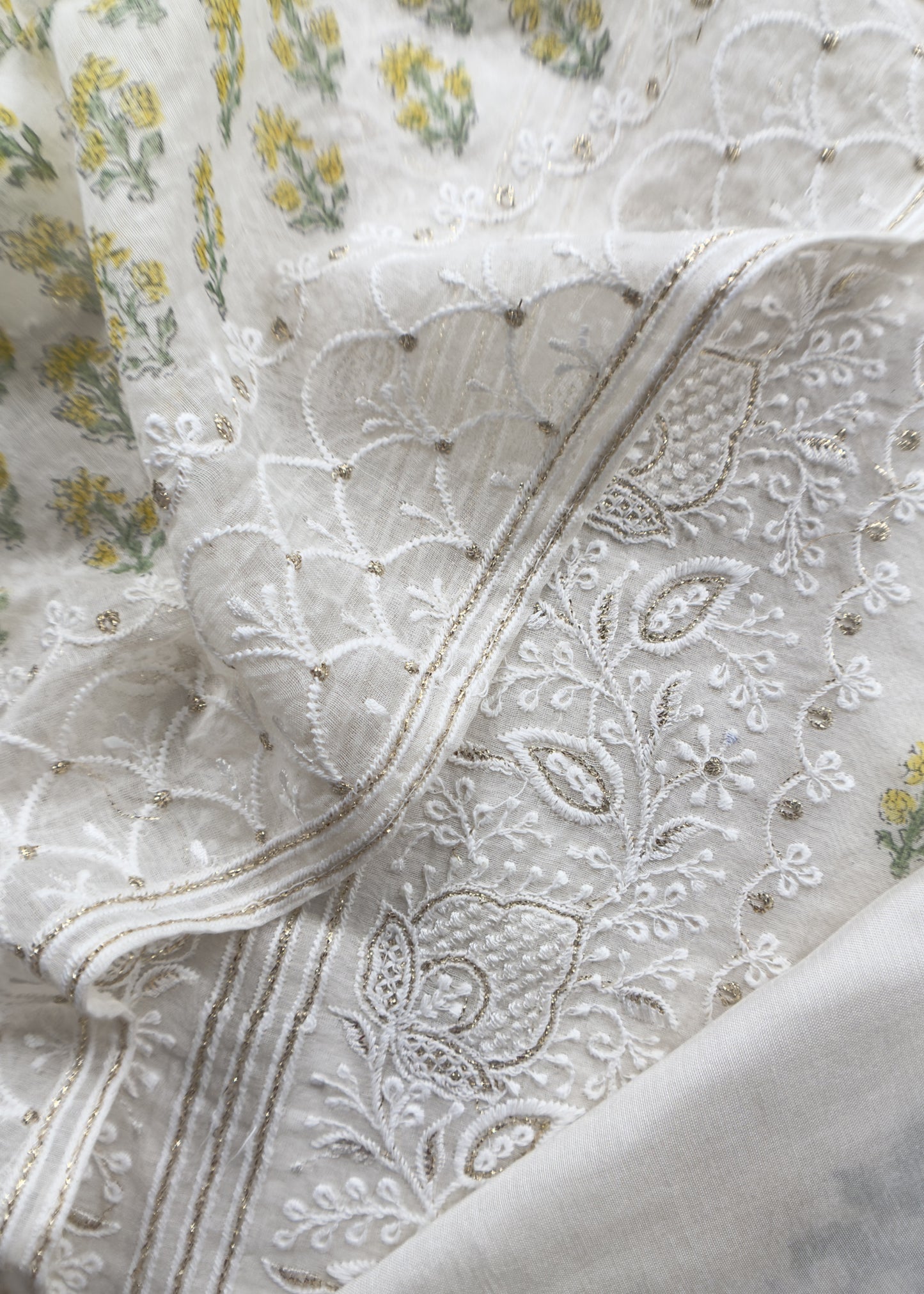 Yellow Pure Mul Cotton Hand-block Print Suit With Gold And Resham Embroidery