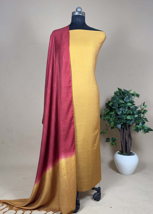 Yellow Pashmina Suit With Kantha Stripes