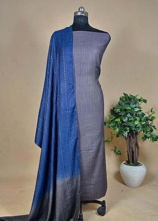 Grey Pashmina Suit With Kantha Stripes