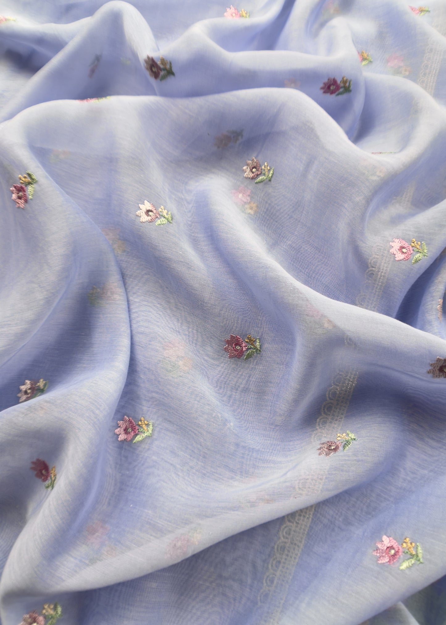 Kalasheel Luxe Flamingo Light Steel Blue Handwoven Mul Suit Fabric With French Roses Embroidery