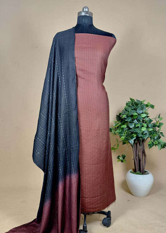 Brown Pashmina Suit With Kantha Stripes