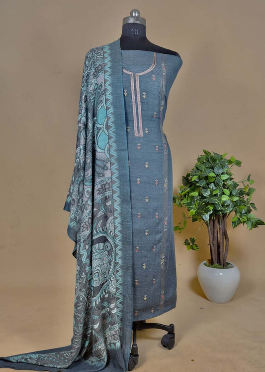 Grey Blue Khadi pashmina with kalamkari dupatta