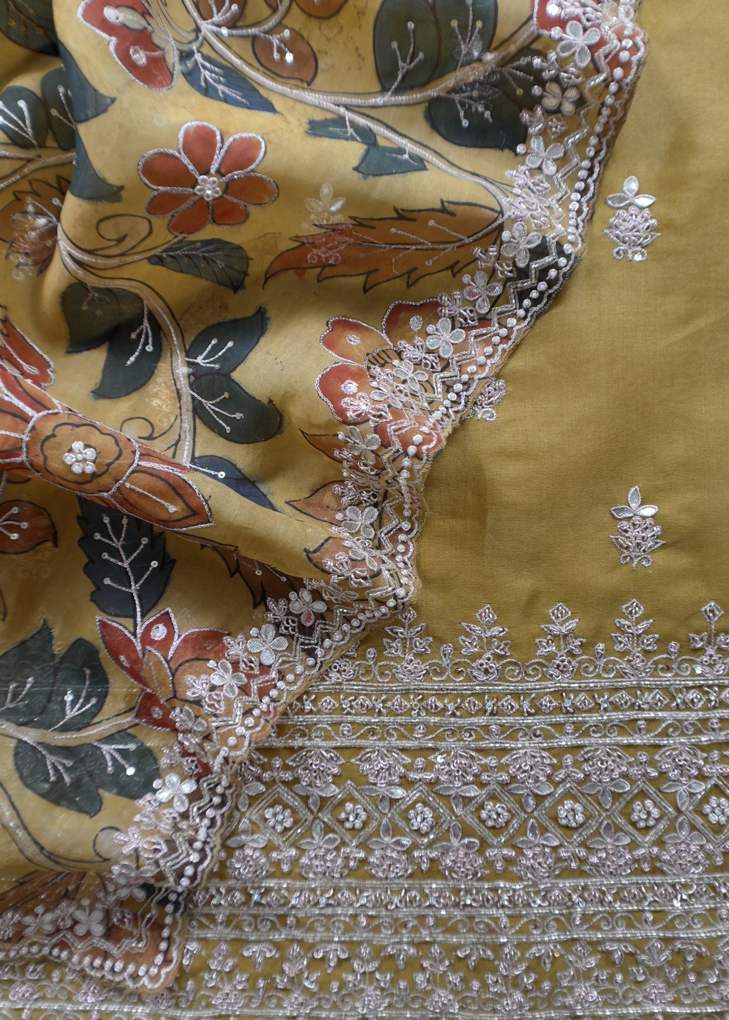Rangreza Kalasheel Luxe Citrine Yellow Handloom Organza Suit With Real Hand-painted Kalamkari And Hand Work