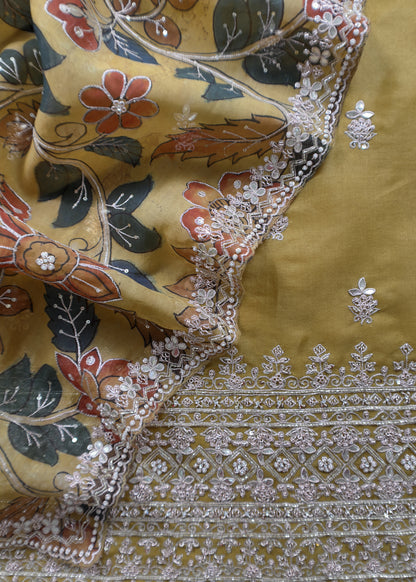 Rangreza Kalasheel Luxe Citrine Yellow Handloom Organza Suit With Real Hand-painted Kalamkari And Hand Work