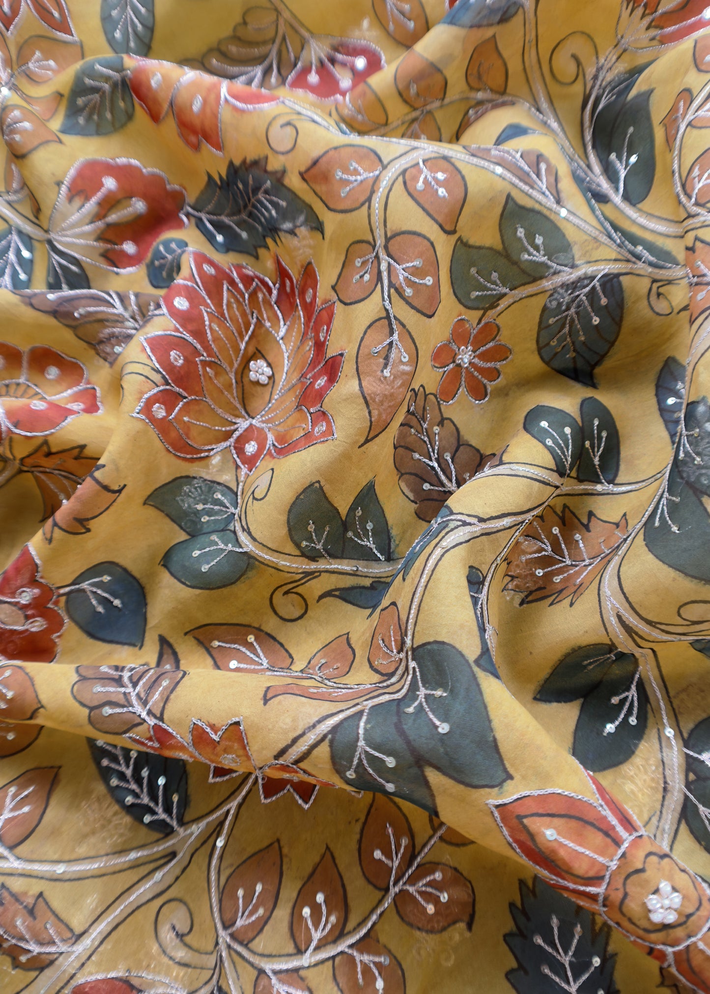 Rangreza Kalasheel Luxe Citrine Yellow Handloom Organza Suit With Real Hand-painted Kalamkari And Hand Work