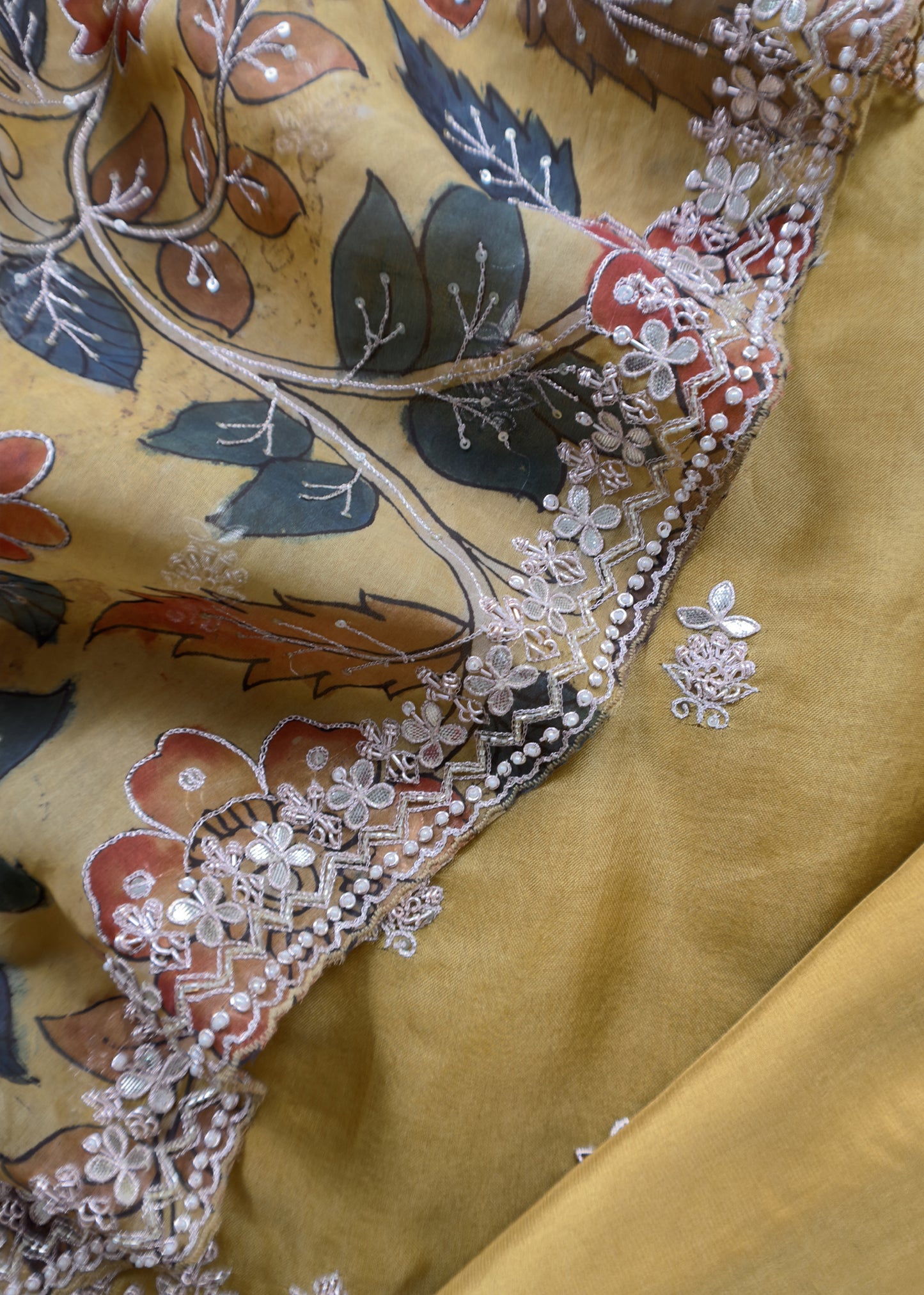 Rangreza Kalasheel Luxe Citrine Yellow Handloom Organza Suit With Real Hand-painted Kalamkari And Hand Work