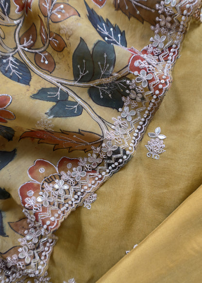 Rangreza Kalasheel Luxe Citrine Yellow Handloom Organza Suit With Real Hand-painted Kalamkari And Hand Work
