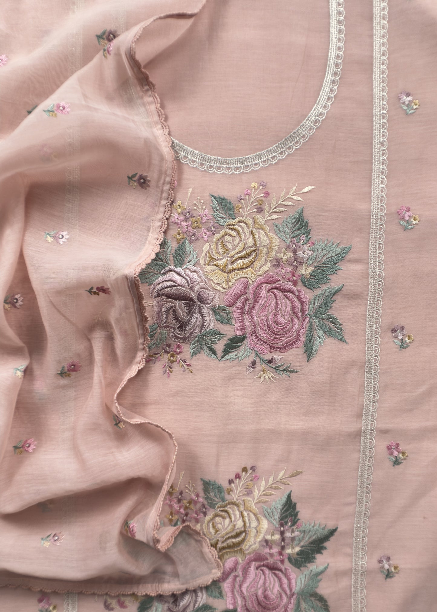 Kalasheel Luxe Flamingo Pink Handwoven Mul Suit Fabric With French Roses Embroidery