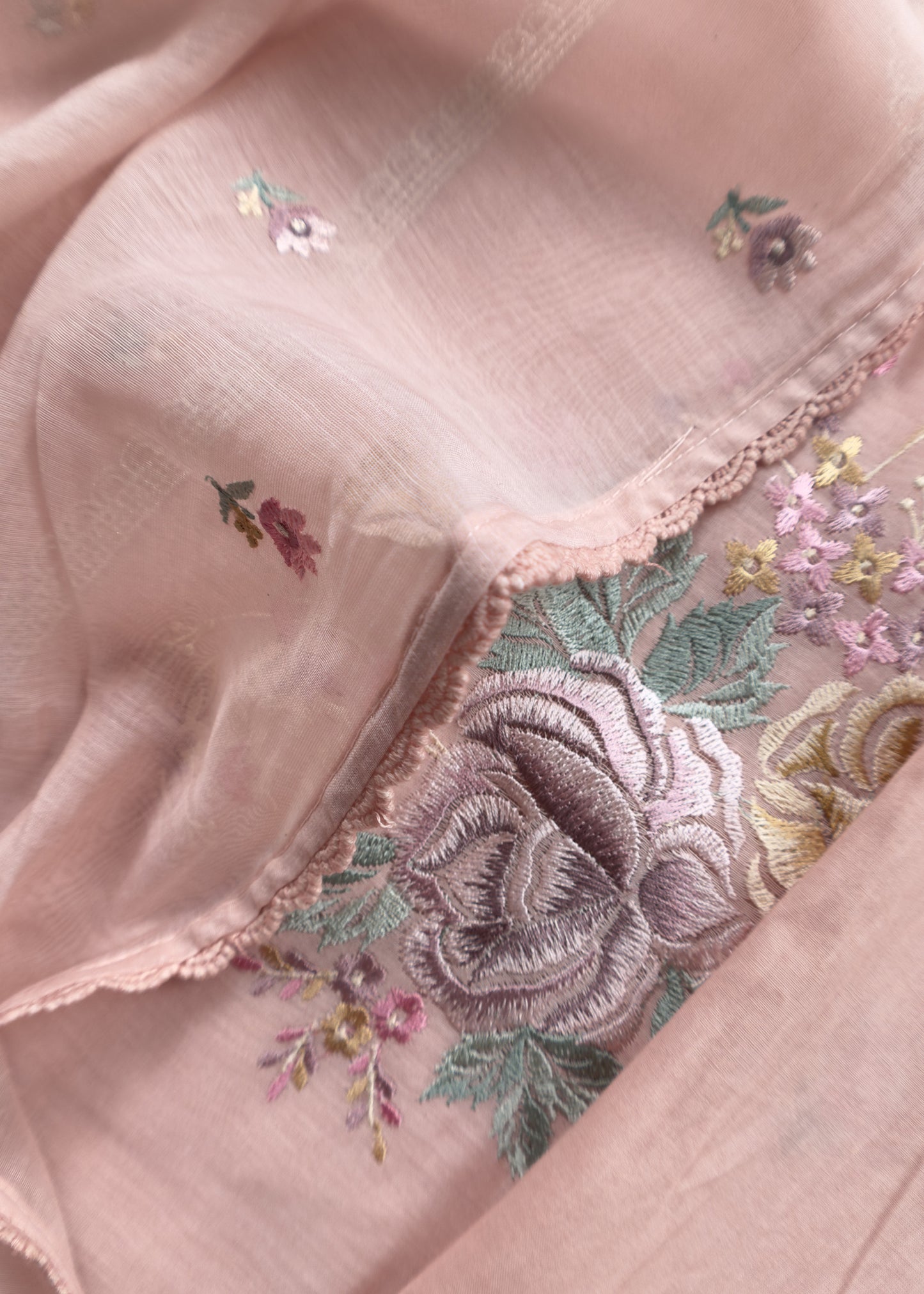 Kalasheel Luxe Flamingo Pink Handwoven Mul Suit Fabric With French Roses Embroidery