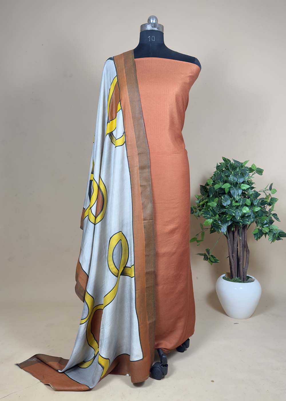 Brown pashmina Suit with Handpainted Dupatta