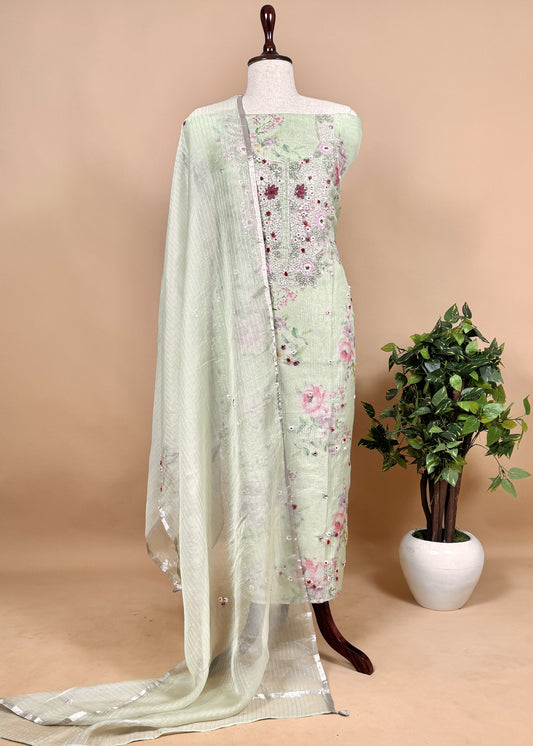 Green Crushed Tissue Silk Unstitched Suit