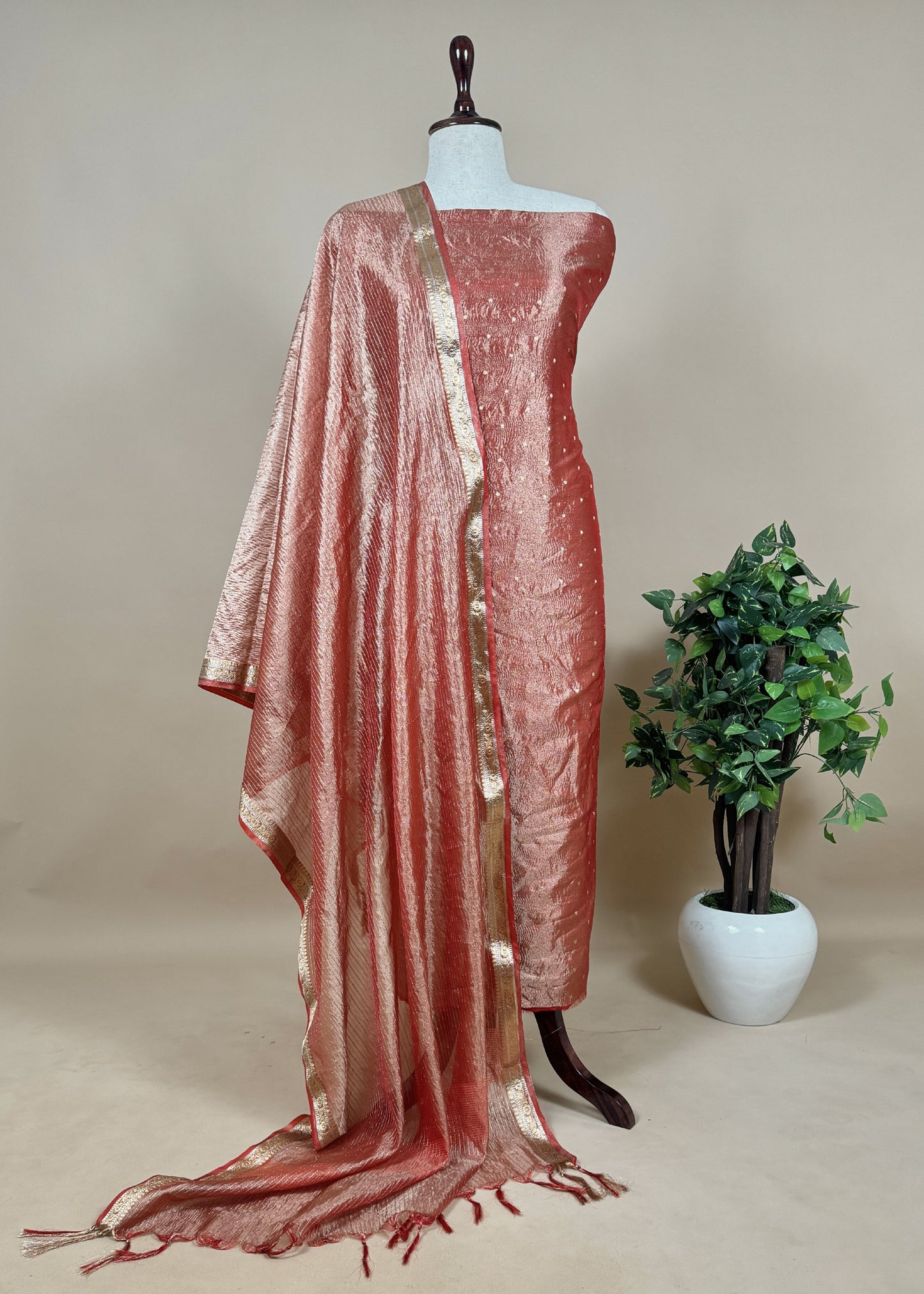 Tissue Silk Suit Embraced With Gold Weaving