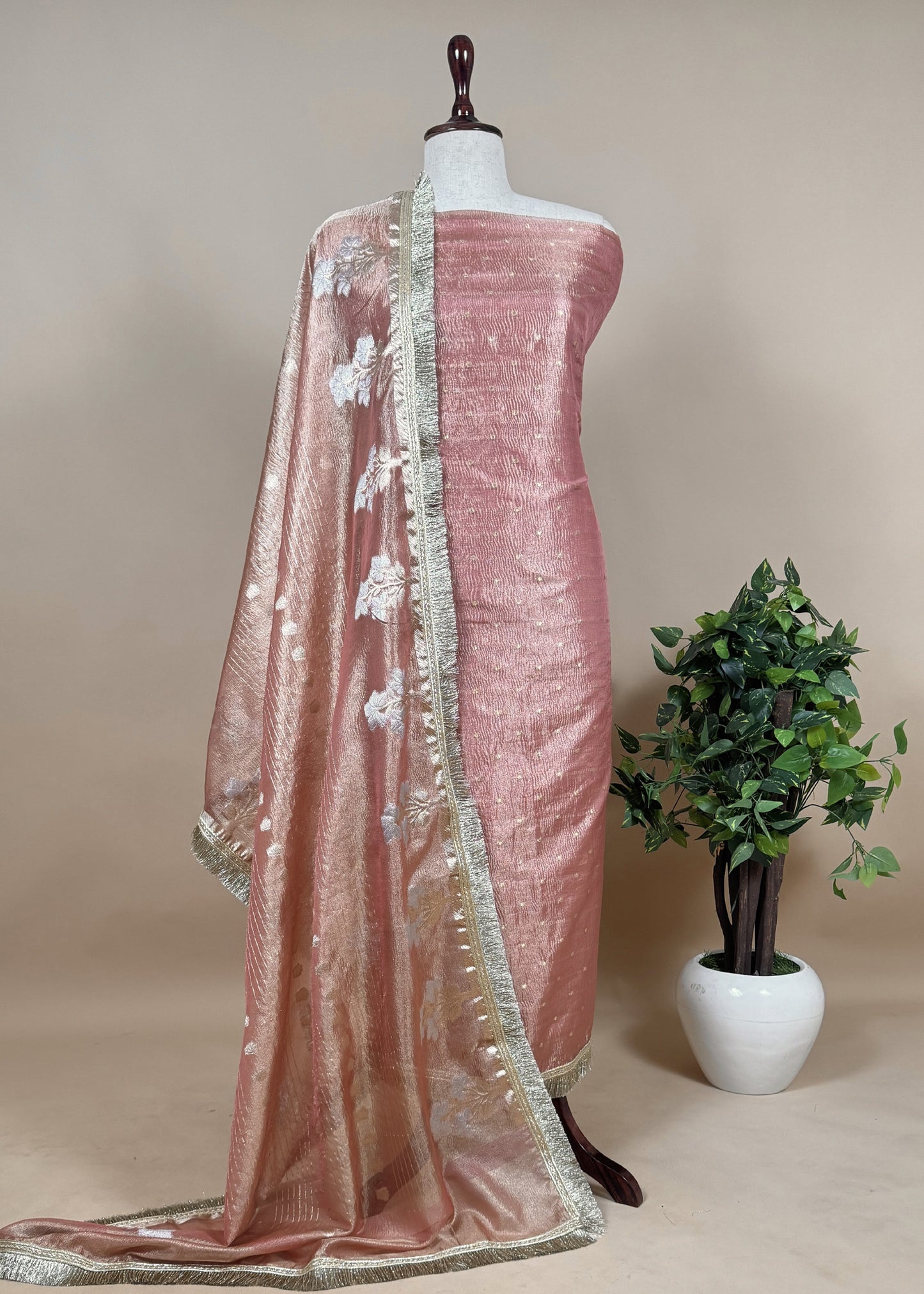 Tissue Silk Suit Embraced With Gold Weaving