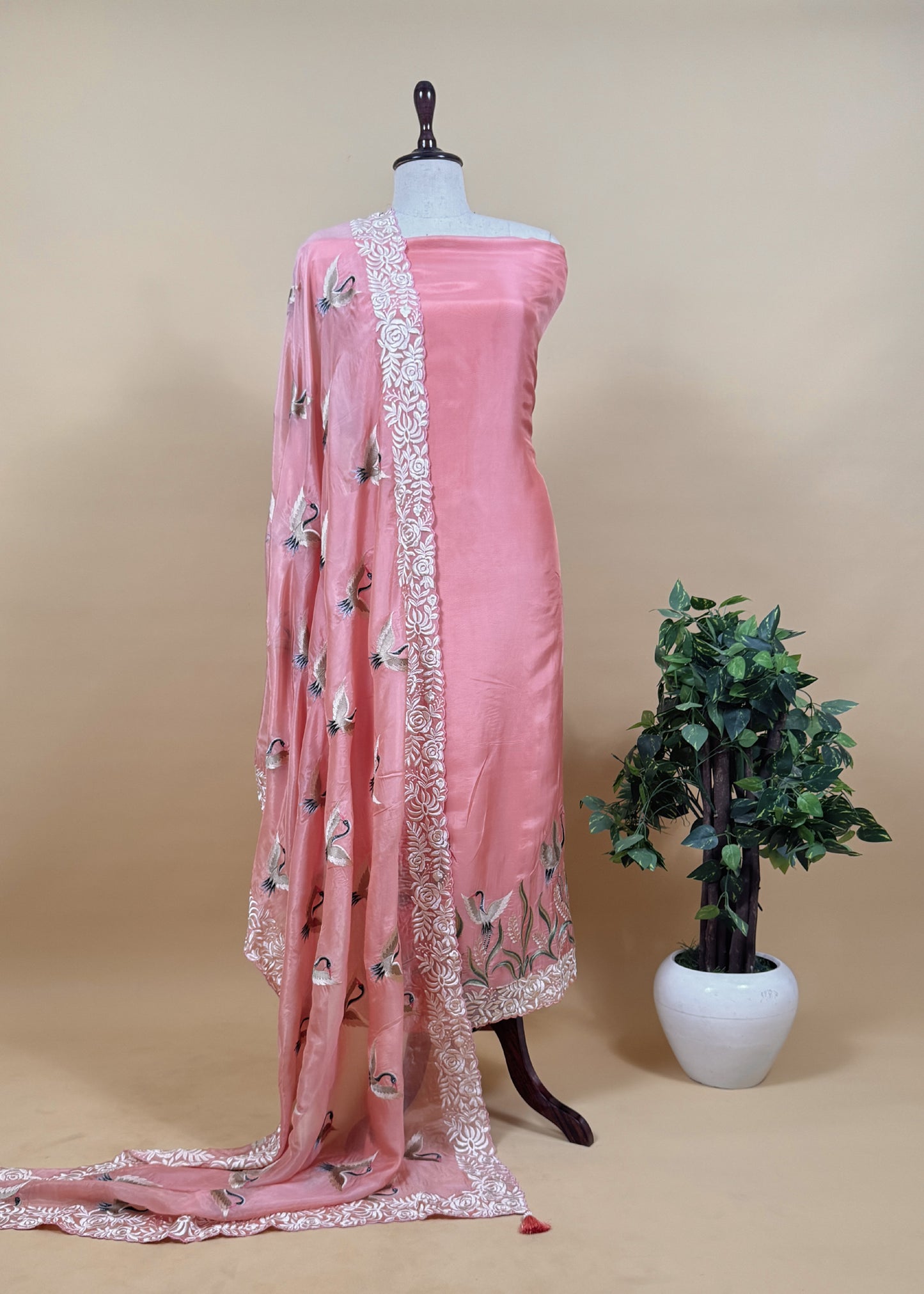 Sea Salt Flamingo Organza Georgette Suit Fabric With Resham Embroidery