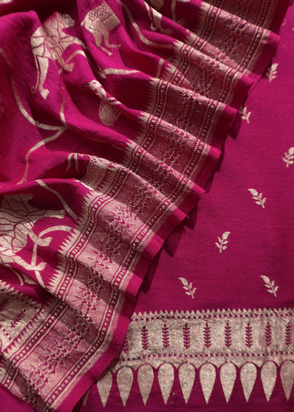Kalasheel Luxe Royal Pink Handloom Munga Silk Suit With Shikagarh Gold Weaving