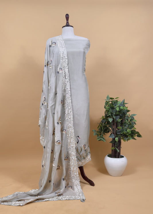 Sea Salt Flamingo Organza Georgette Suit Fabric With Resham Embroidery