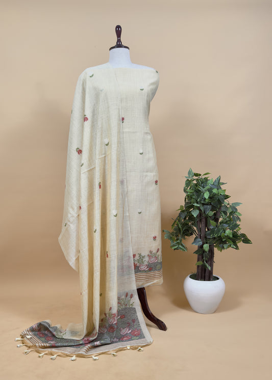 Beige Yellow Lotus And Swans Jamdani Suit In Linen Chanderi
