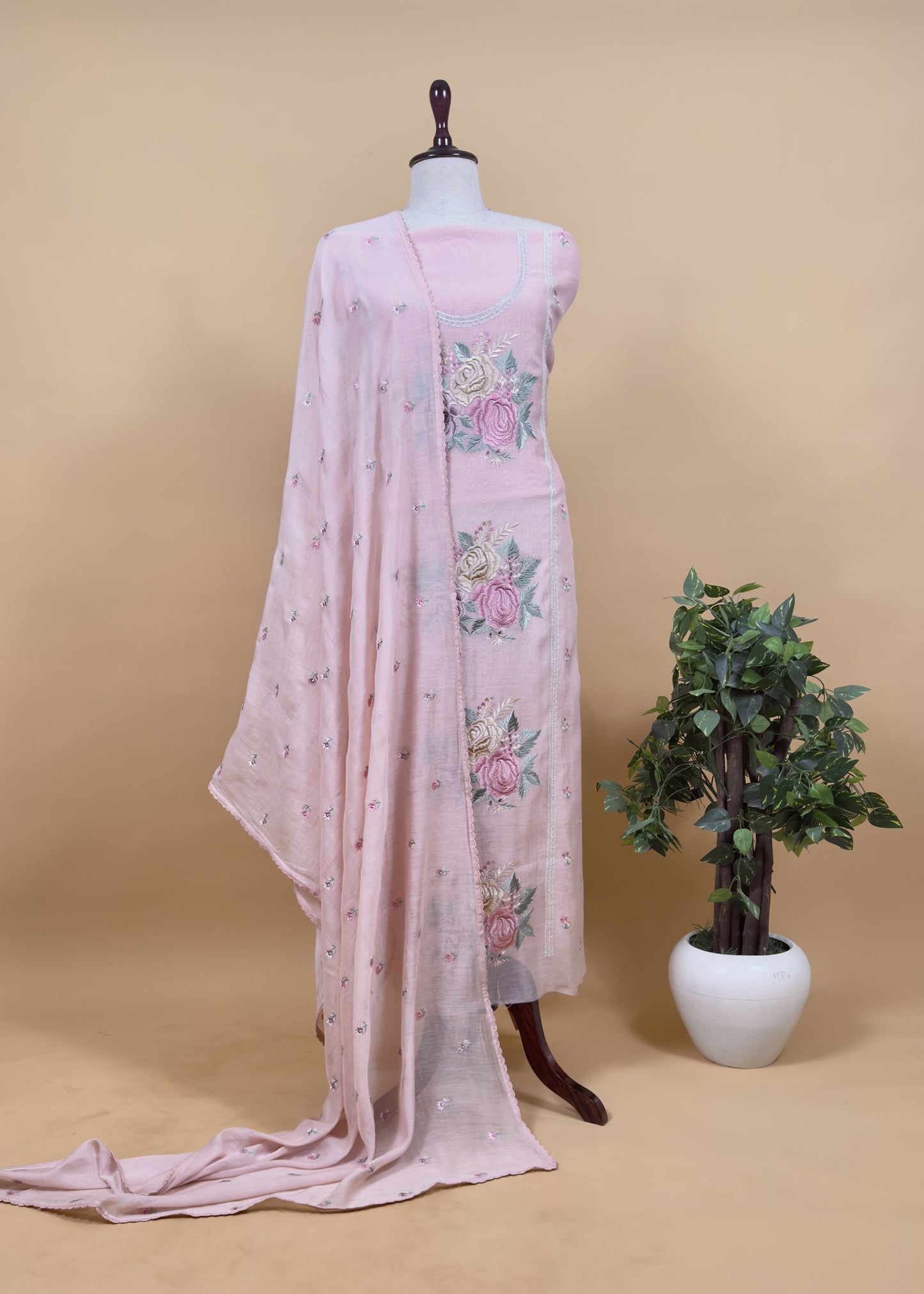 Kalasheel Luxe Flamingo Pink Handwoven Mul Suit Fabric With French Roses Embroidery