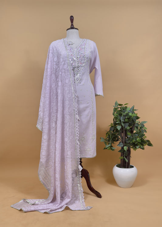 Lilac Pure Cotton Suit With Mirrors, Gota Patti And Dori Embroidery